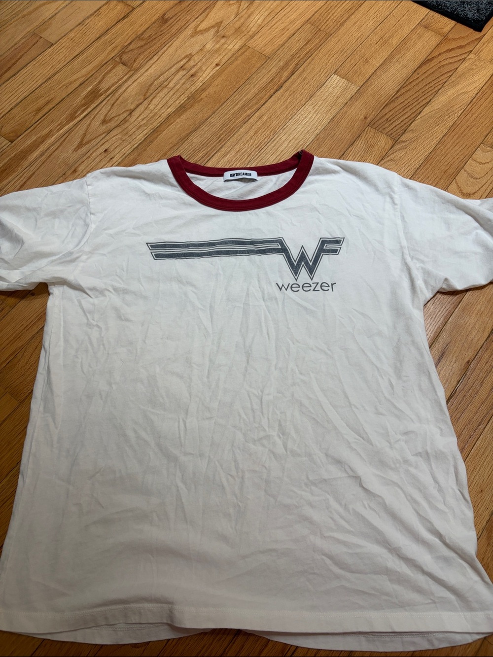 Daydreamer White Ringer Tee with Maroon Collar-  Weezer